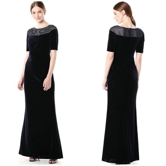 Adrianna Papell Size 8 Midnight Blue Velvet Beaded Gown Full Length Long Formal - Picture 1 of 14